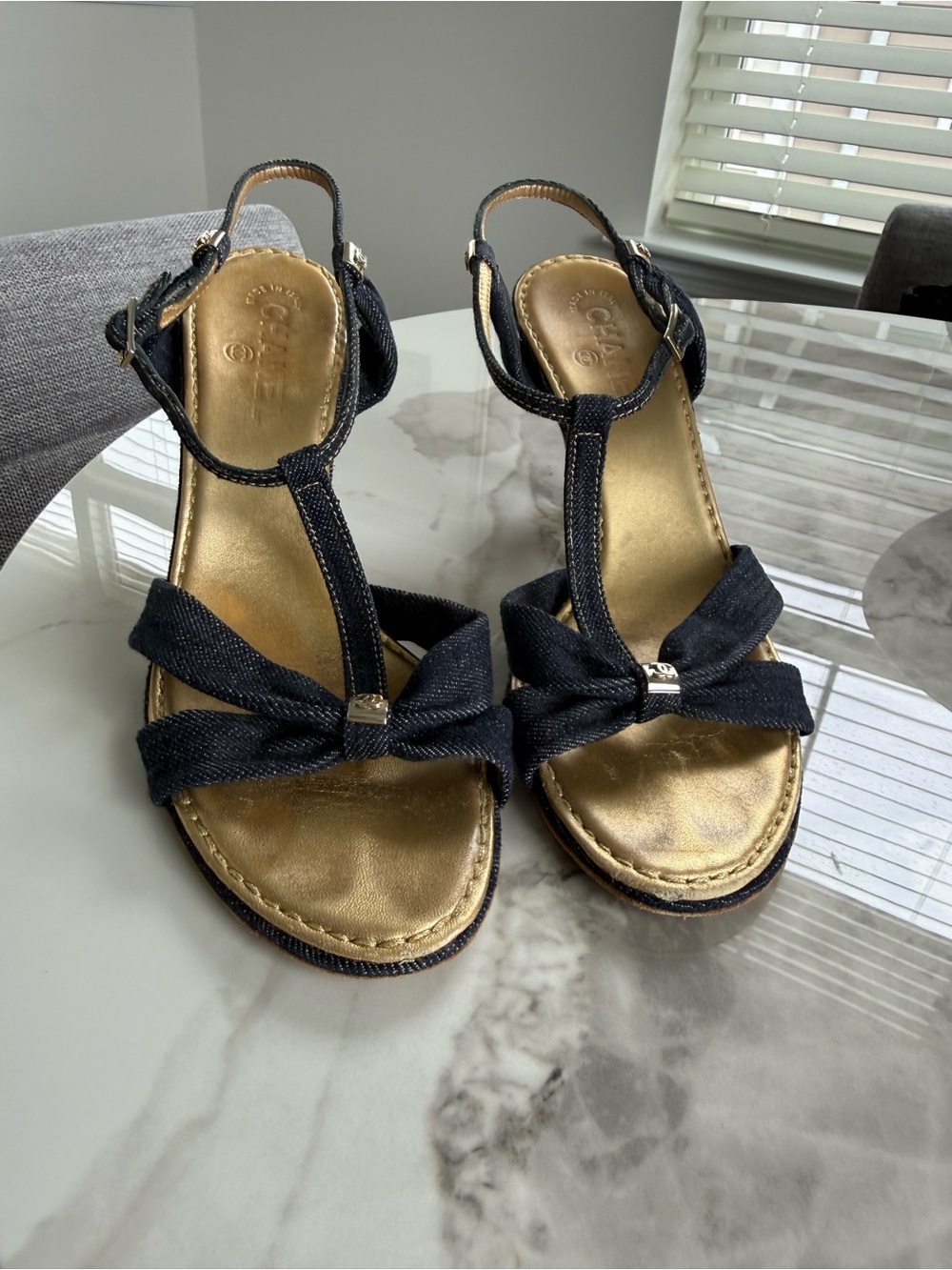 CHANEL Black Denim T-Strap Sandals with Brown Heel and Gold Footbed
